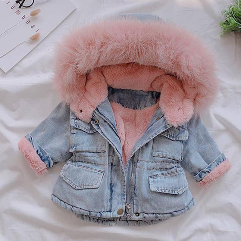 Baby Girls Coats Fur Collar Jackets Winter Thick Denim Outerwear 1-6Y