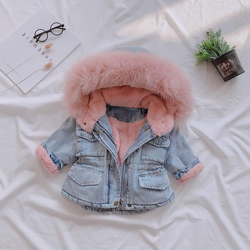Baby Girls Coats Fur Collar Jackets Winter Thick Denim Outerwear 1-6Y