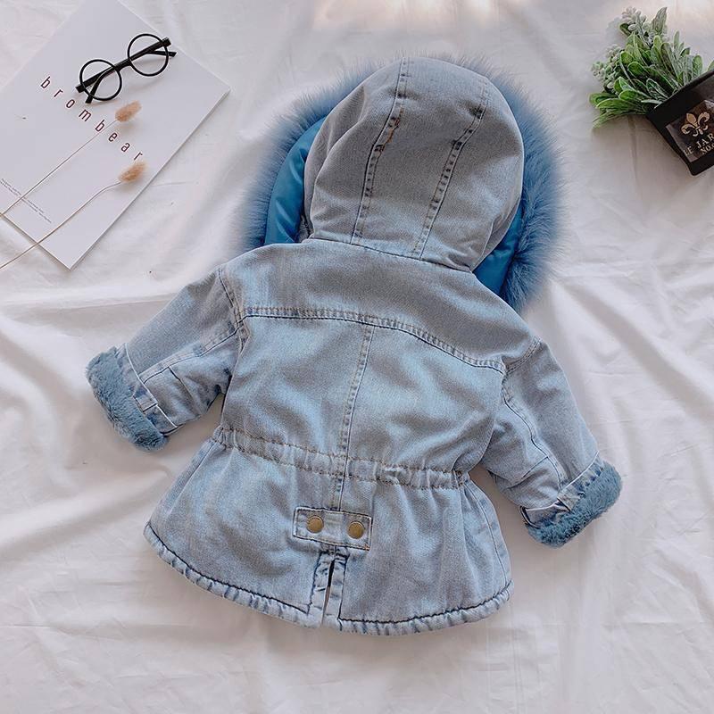Baby Girls Coats Fur Collar Jackets Winter Thick Denim Outerwear 1-6Y