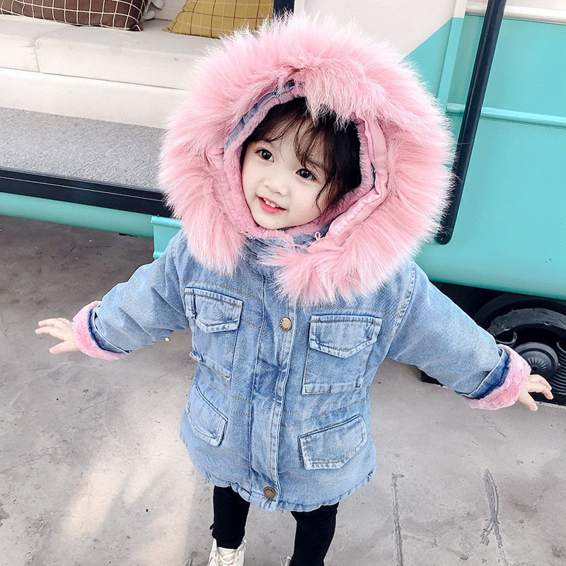 Baby Girls Coats Fur Collar Jackets Winter Thick Denim Outerwear 1-6Y