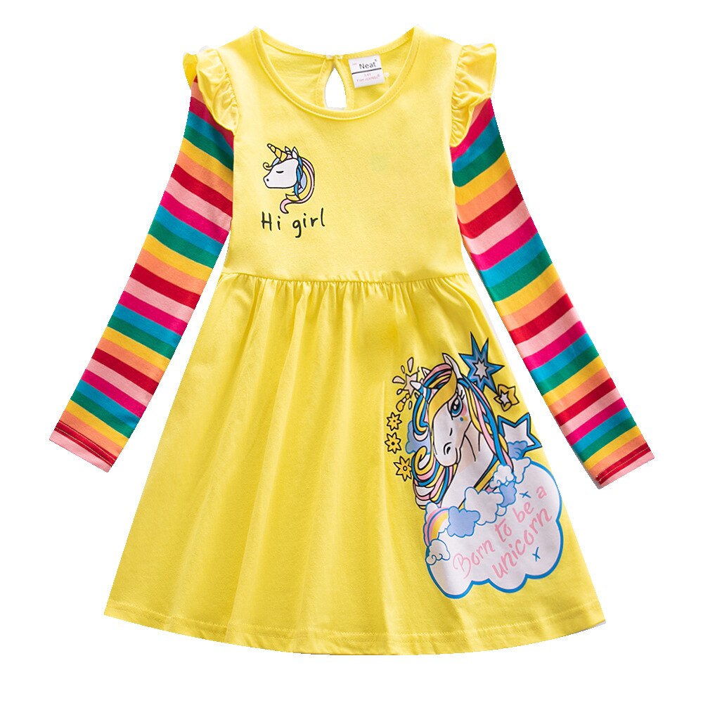 Girls Dress Cotton Long Sleeve Unicorn Spring Autumn Embroidered Rainbow Dress