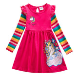 Girls Dress Cotton Long Sleeve Unicorn Spring Autumn Embroidered Rainbow Dress