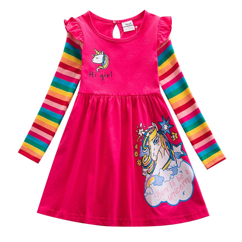 Girls Dress Cotton Long Sleeve Unicorn Spring Autumn Embroidered Rainbow Dress