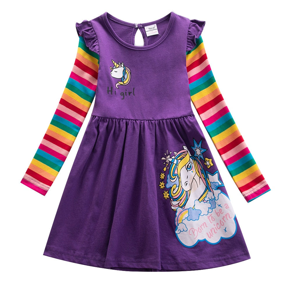 Girls Dress Cotton Long Sleeve Unicorn Spring Autumn Embroidered Rainbow Dress