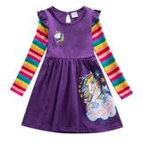 Girls Dress Cotton Long Sleeve Unicorn Spring Autumn Embroidered Rainbow Dress