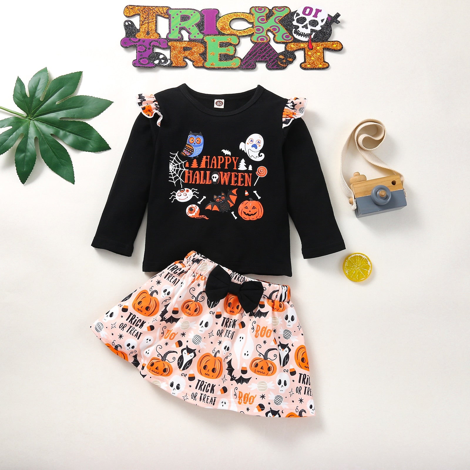 18M-6T Kid Baby Girls Halloween Round Collar Hem 2 Pcs Sets