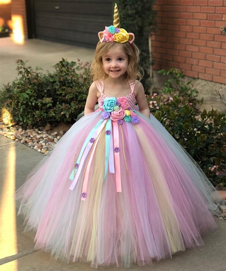 Girls Pastel Unicorn Flower Tutu Dress Crochet Tulle Strap Birthday Dress Ball Gown Party Costume - honeylives
