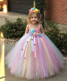 Girls Pastel Unicorn Flower Tutu Dress Crochet Tulle Strap Birthday Dress Ball Gown Party Costume - honeylives