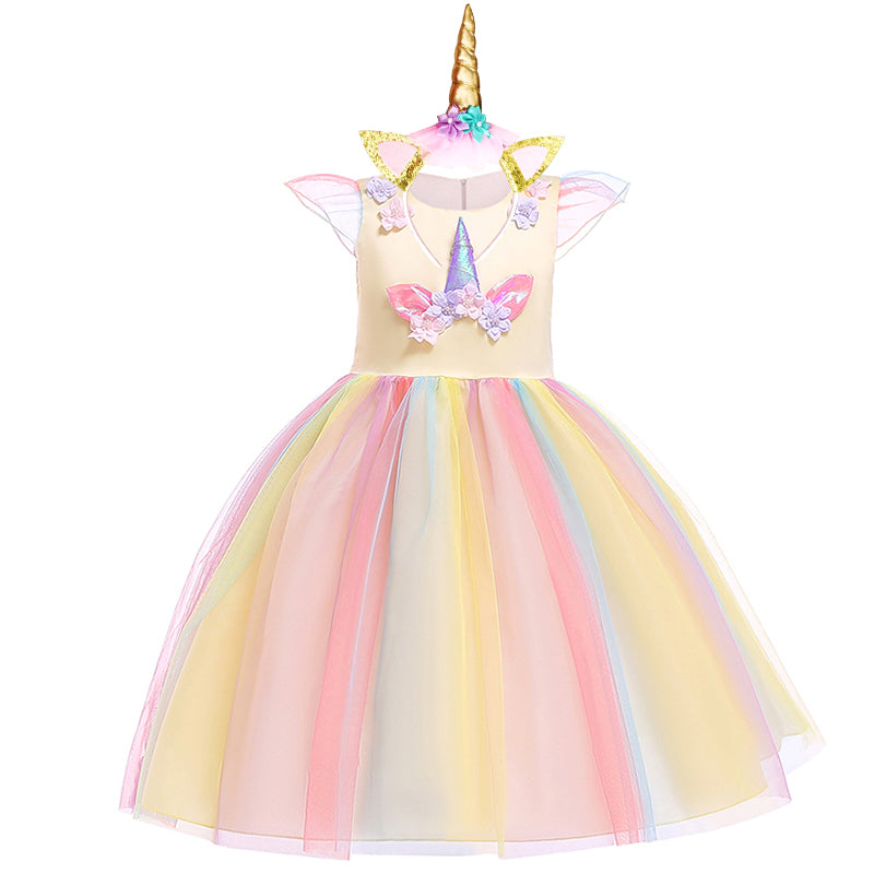 Girls Unicorn Dress Gown Cosplay  Birthday Party Fantasy Princess Dresses - honeylives