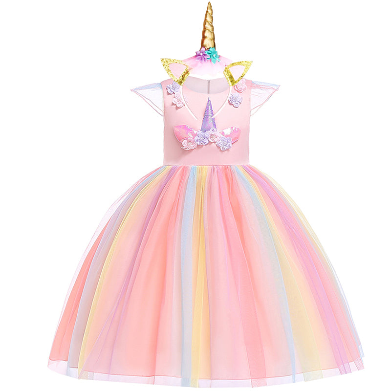 Girls Unicorn Dress Gown Cosplay  Birthday Party Fantasy Princess Dresses - honeylives