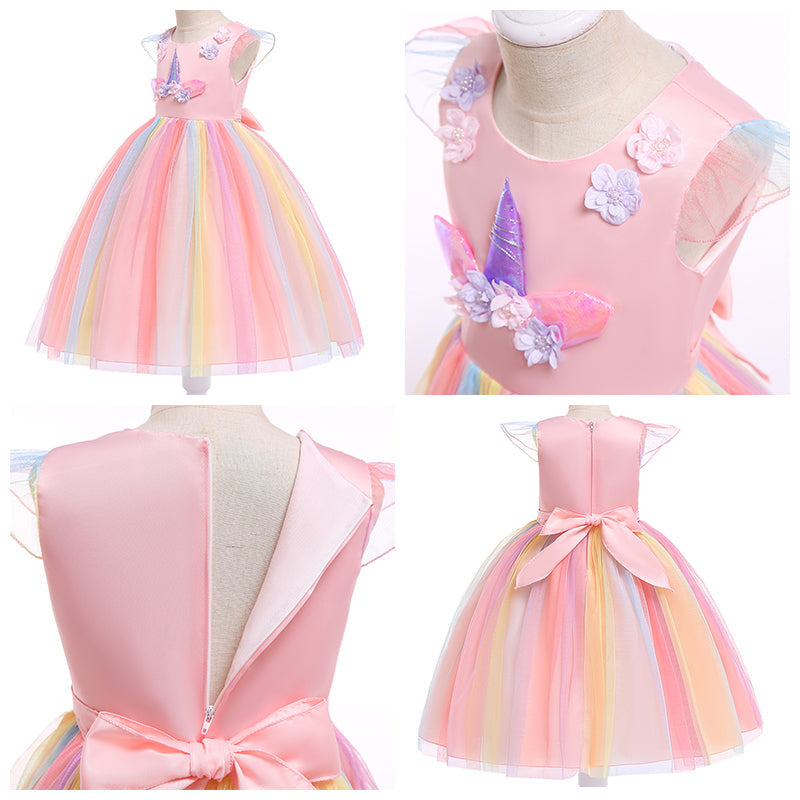 Girls Unicorn Dress Gown Cosplay  Birthday Party Fantasy Princess Dresses - honeylives