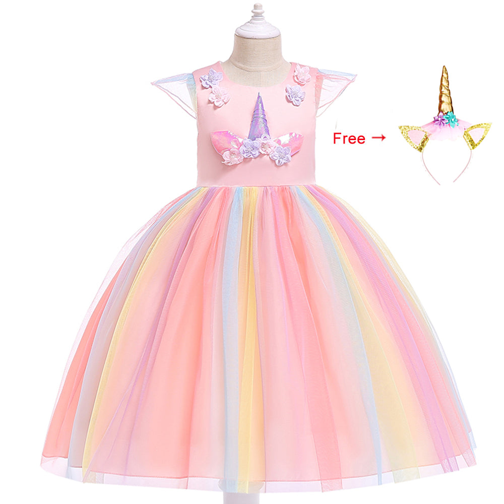Girls Unicorn Dress Gown Cosplay  Birthday Party Fantasy Princess Dresses - honeylives