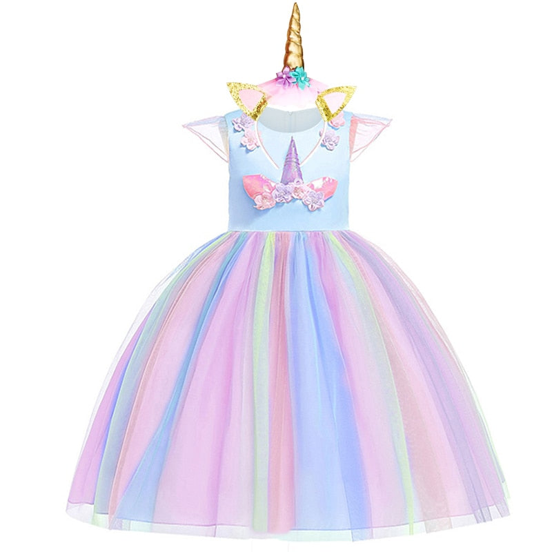 Girls Unicorn Dress Gown Cosplay  Birthday Party Fantasy Princess Dresses - honeylives