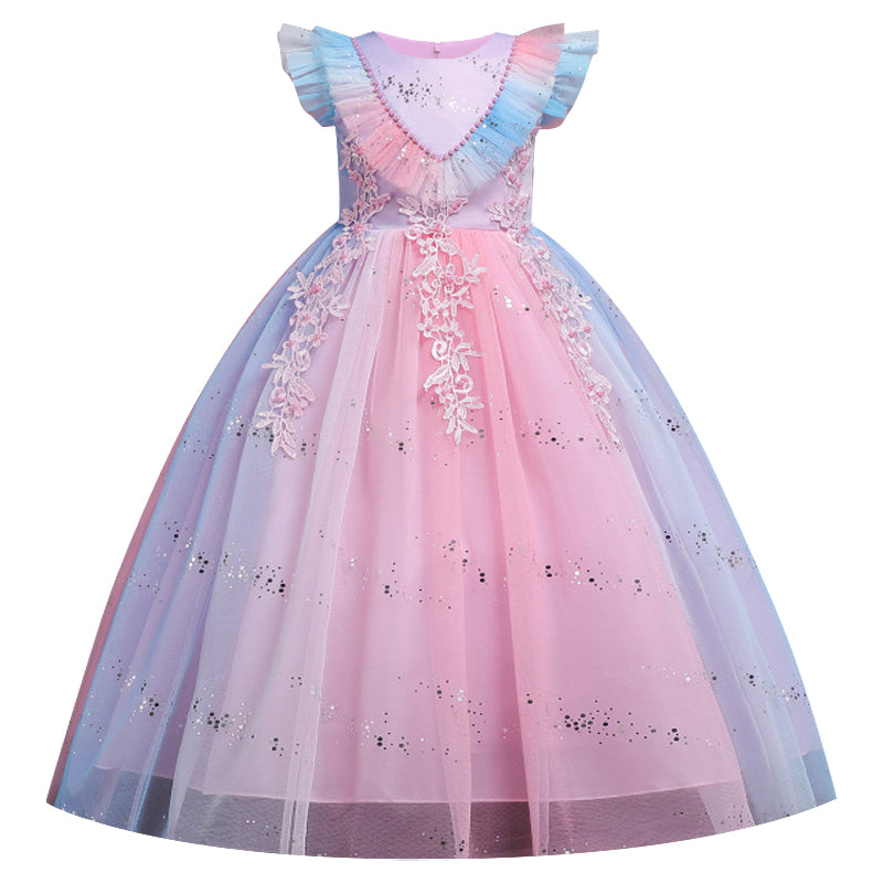 Kid Girls Gradient Flying Sleeve Princess Birthday Party Gown Flower Dress