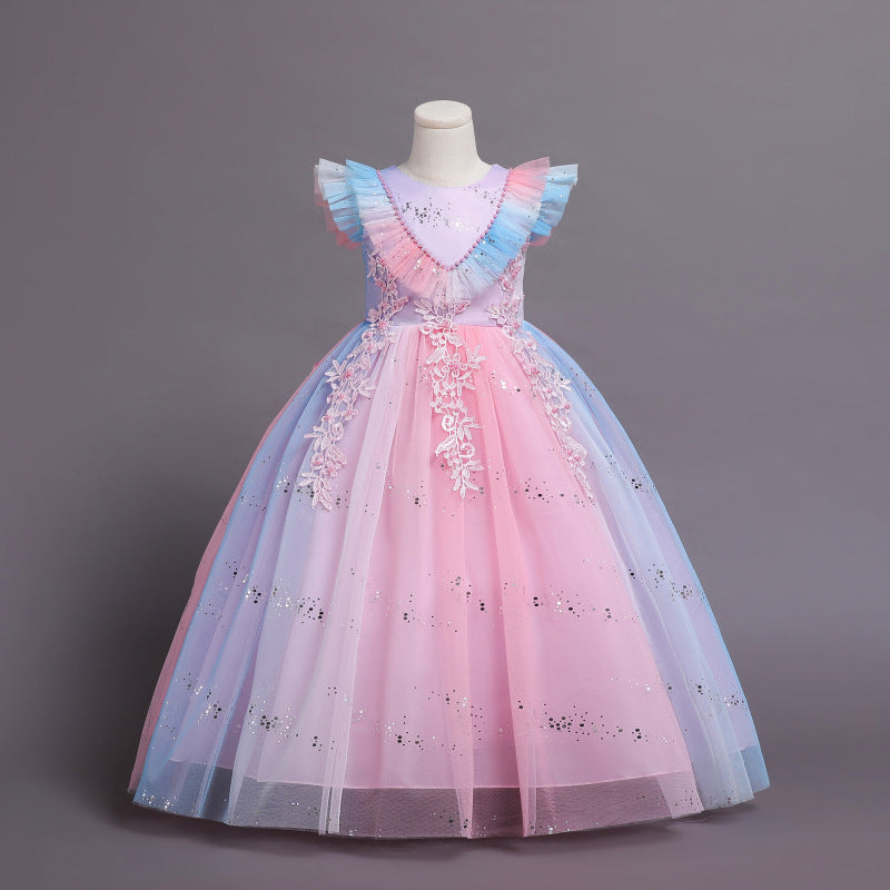 Kid Girls Gradient Flying Sleeve Princess Birthday Party Gown Flower Dress