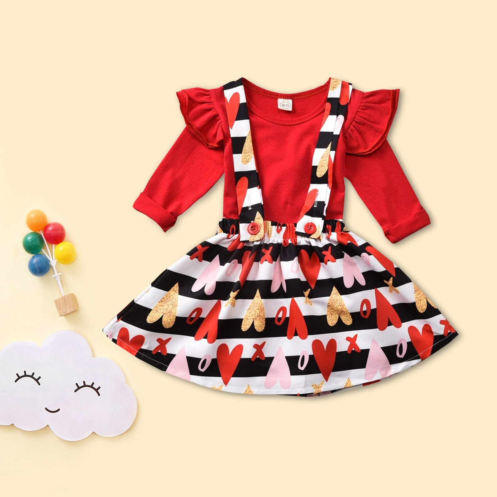 Baby Girls Long Sleeve Valentine Heart Print Tops+Suspender 2Pcs