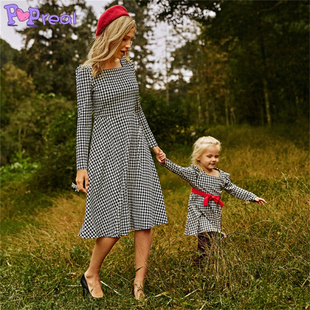 Family Matching Autumn Fashion Print Bow Mom Daughter Dresses