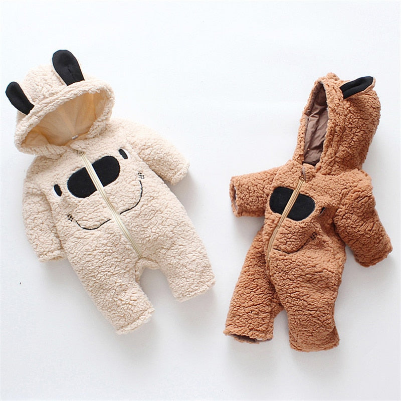 Winter Baby 3D Ears Design Solid Hooded Jumpsuit Romper