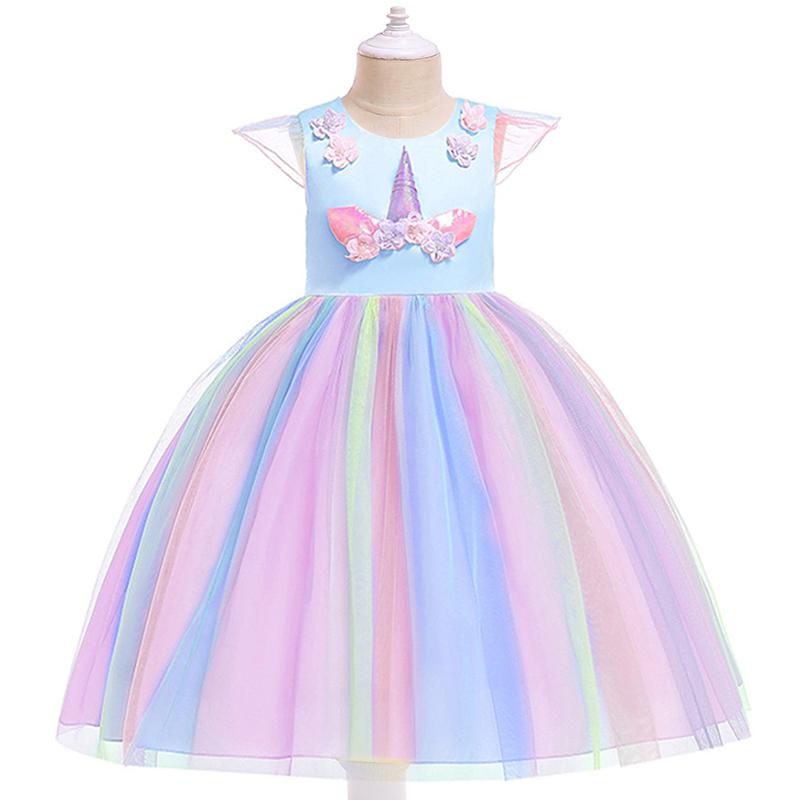 Girls Unicorn Dress Gown Cosplay  Birthday Party Fantasy Princess Dresses - honeylives