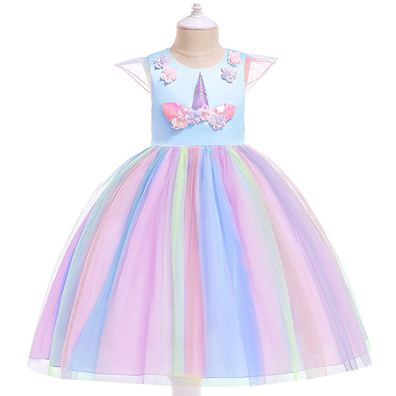 Girls Unicorn Dress Gown Cosplay  Birthday Party Fantasy Princess Dresses - honeylives