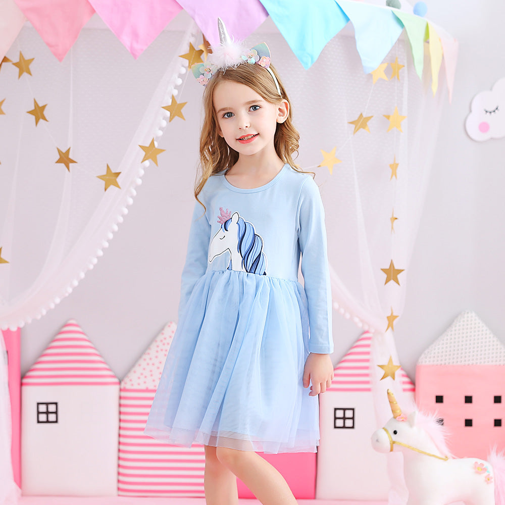 Kid Baby Girls Autumn Casual Long Sleeve Unicorn Princess Dresses