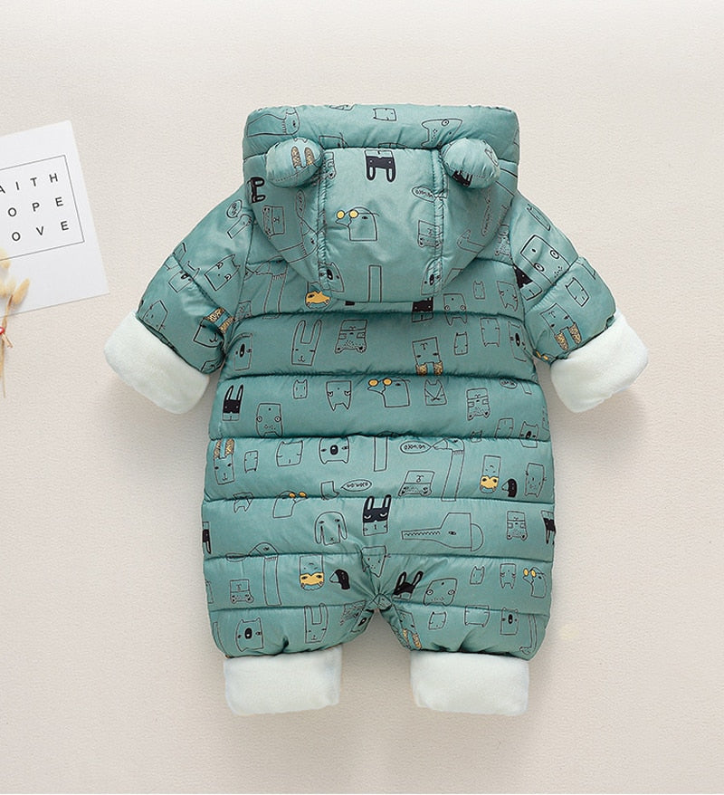 Newborn Infant Jumpsuit Warm Flannel Rompers Printed Hooded Outerwear