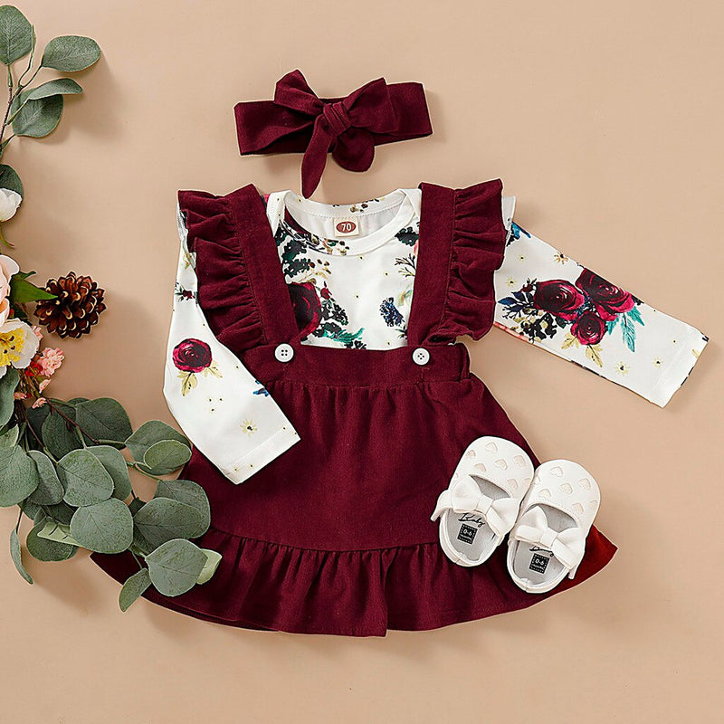 Sweet Baby Girl Long-Sleeve Floral Jumpsuit+Solid Dress+Headband 3Pcs - honeylives