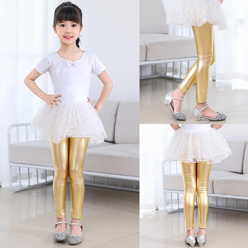 Girls Skinny Faux Leather Leggings Shiny Metallic Stretch Pants