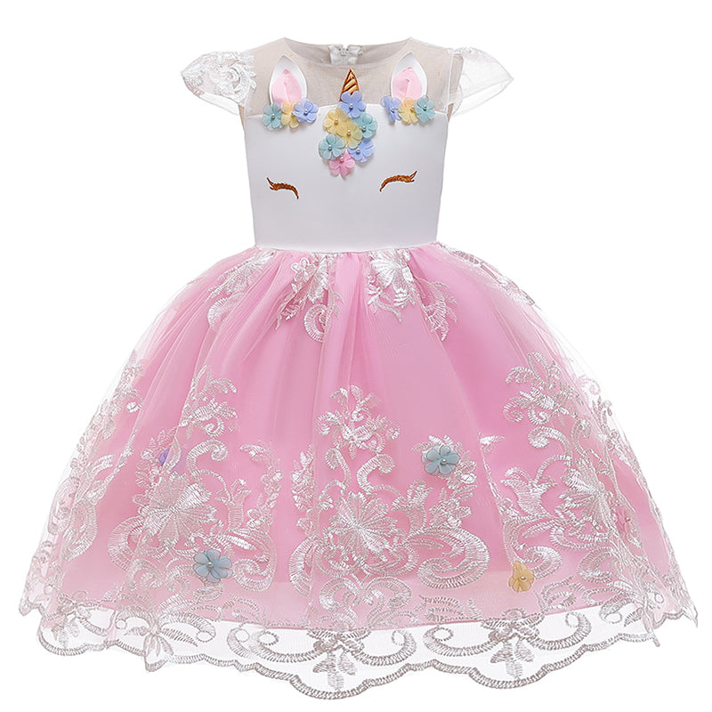 Girl Embroidery Unicorn Big Bow Princess Dress Wedding Party Kids Dresses - honeylives
