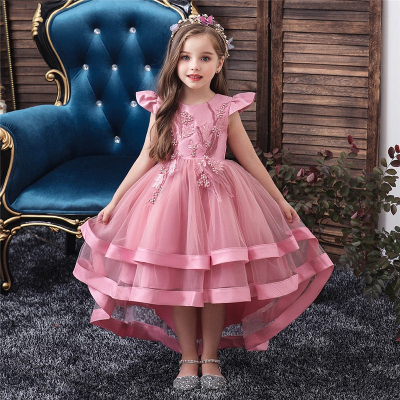 Kids Girl Cake Tutu Flower Dress Children Party Wedding Formal Dress 3-12T - honeylives