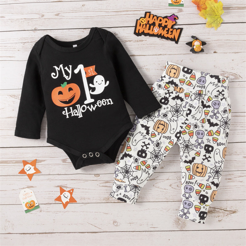 0-18M Newborn Baby Halloween Pumpkin Letter Long Sleeves 2 Pcs Outfits Sets