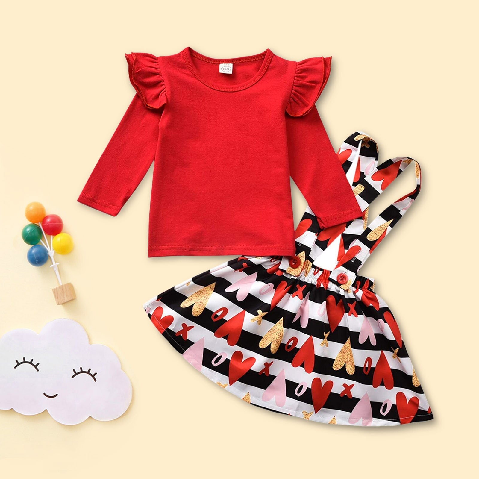 Baby Girls Long Sleeve Valentine Heart Print Tops+Suspender 2Pcs