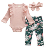 Baby Girl Solid Knitted Cotton Romper Tops Flower Print 3Pcs 0-3Years