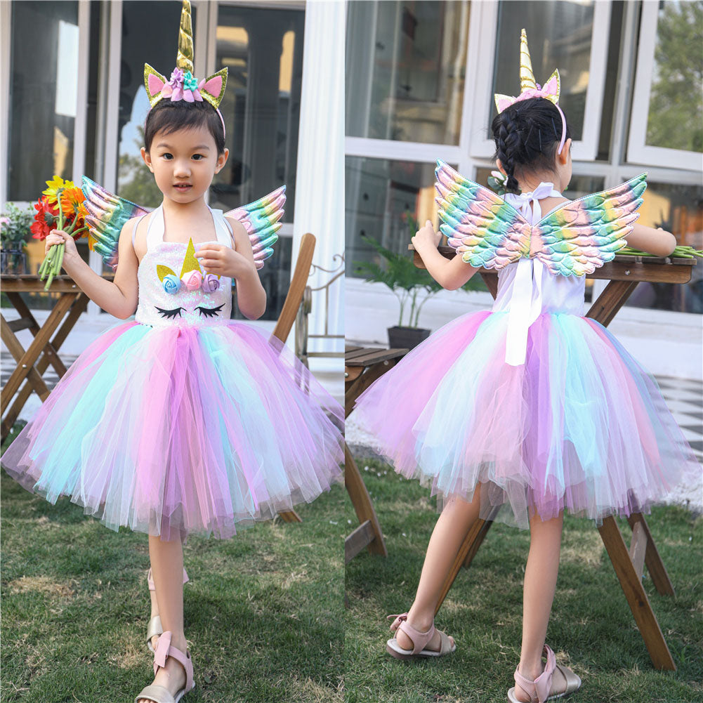 Girls Dress Unicorn Birthday Tutu Dress Sequin Pastel Clothing - honeylives