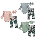 Baby Girl Solid Knitted Cotton Romper Tops Flower Print 3Pcs 0-3Years