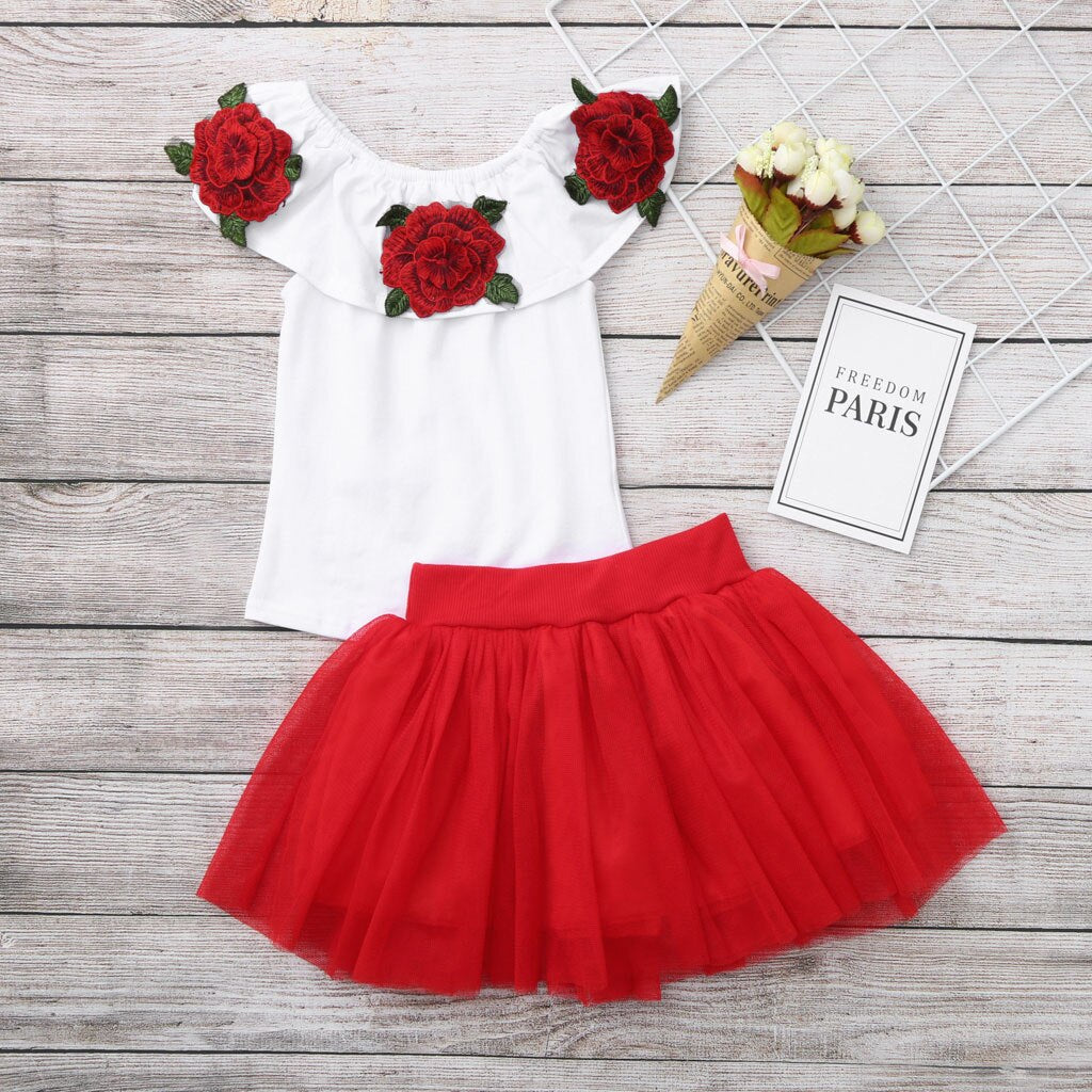 Summer Toddler Girls Off Shoulder Rose Embroidery Tops+Solid Tulle Skirts Outfits - honeylives
