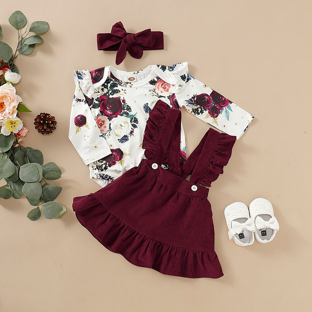 Sweet Baby Girl Long-Sleeve Floral Jumpsuit+Solid Dress+Headband 3Pcs - honeylives