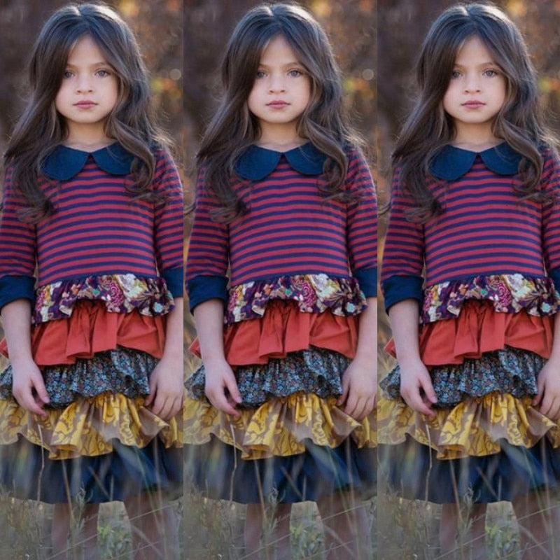 Girls Spring Autum Dress Kids Flower Pastoral Striped Dresses 3-12 Years