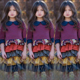 Girls Spring Autum Dress Kids Flower Pastoral Striped Dresses 3-12 Years