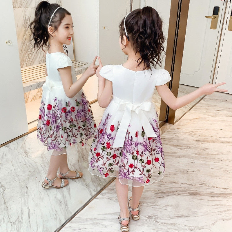 Kids Girls Elegant PrincessLace Embroidery Party Dress Flower Girl Clothes - honeylives