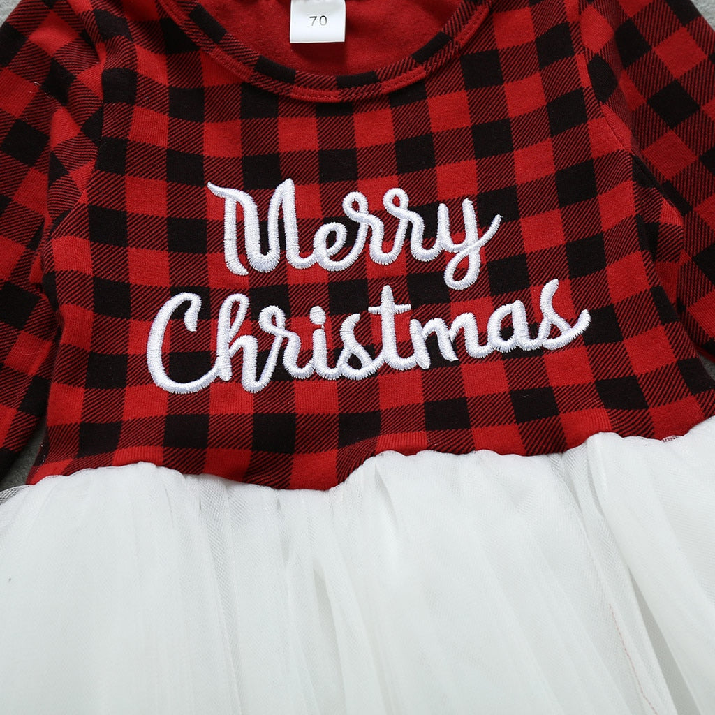 Kids Girls Christmas Dress Casual Long Sleeve Plaid Patchwork Dress