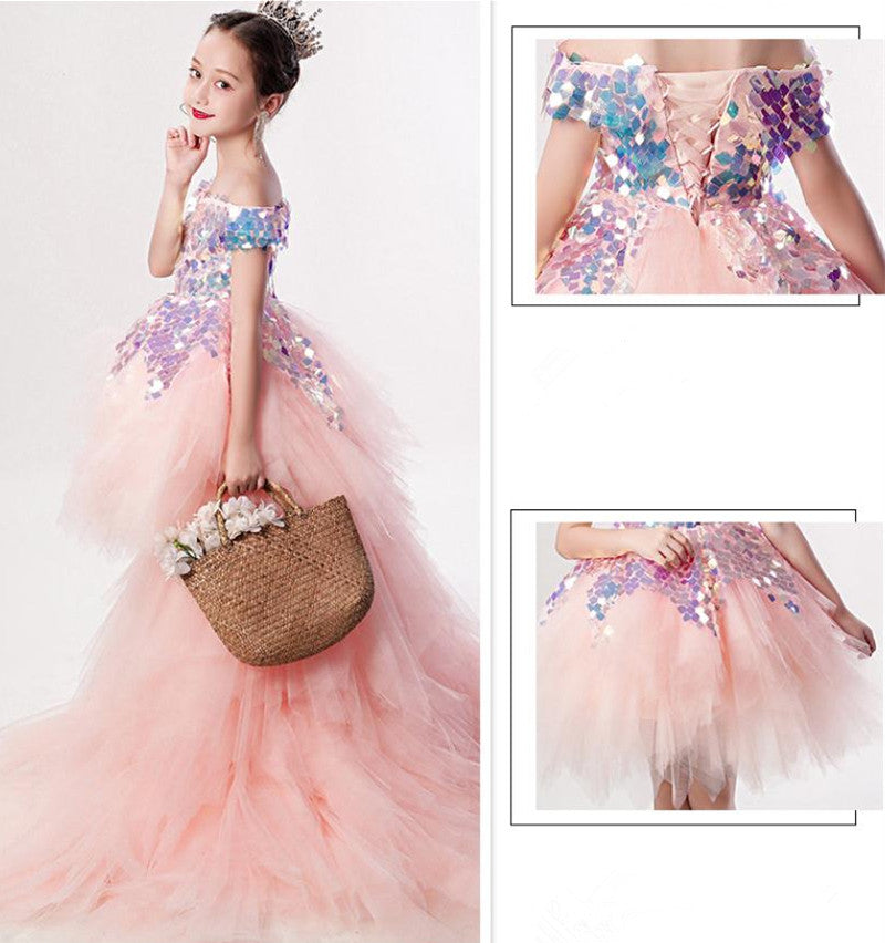 Kid Girl Wedding Bridemaid Mermaid Pink Tutu Sequin Elegant Dresses