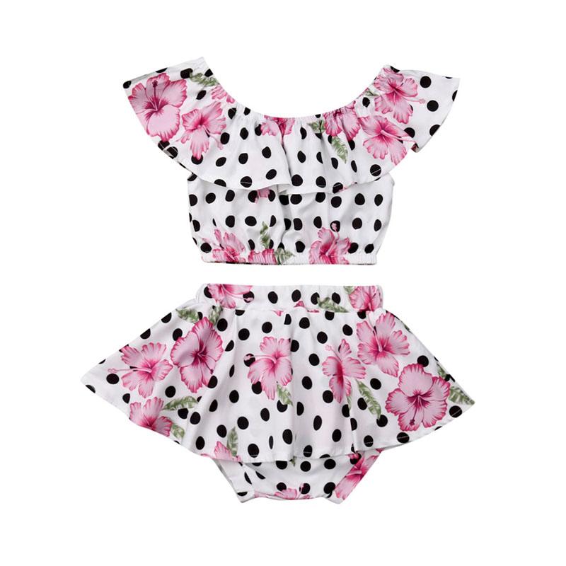 Baby Girl Flower Print Polka Dot Off Shoulder Tops Shorts 2pcs Sets