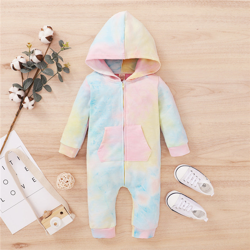 Baby Rompers Cute Infant Tie Dye Print Hooded Romper Jumpsuits One-Pieces 0-18M