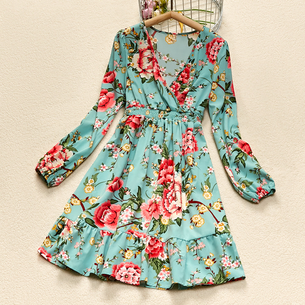 Family Matching Fashion Flowers Print Long Sleeve Dresses