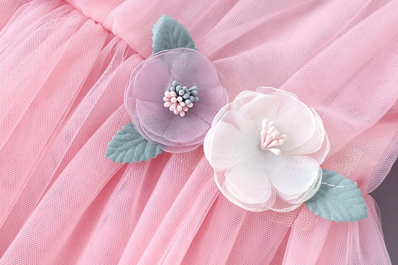 Girl Lace Chiffon Flower Draped Ruched Flower Casual Dresses 3-7 Years