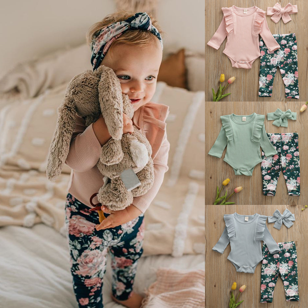Baby Girl Solid Knitted Cotton Romper Tops Flower Print 3Pcs 0-3Years