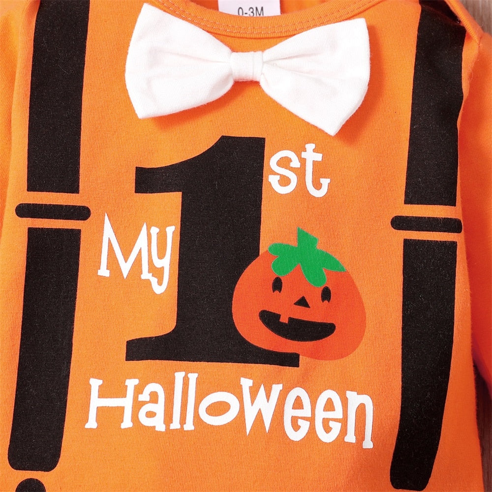 0-18M Baby Halloween Letter Pumpkin Print Bowknot 3 Pcs Set