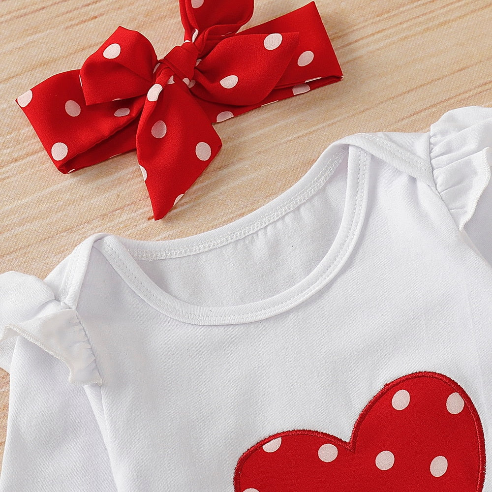 Infant Newborn Girls Set Long Sleeve Heart Print Valentine Sets 3 Pcs