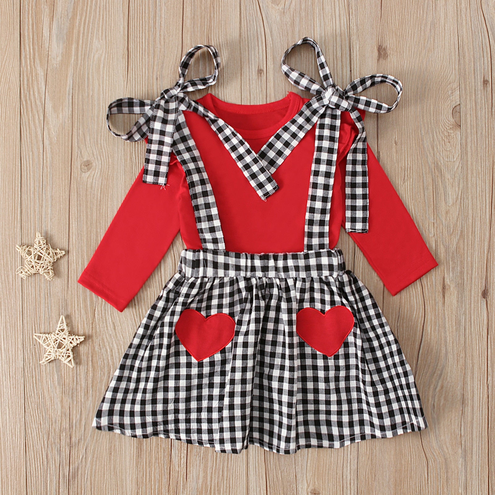 Baby Girls Valentine Ruffle Tops+Suspender Heart Plaid Sets 2pcs